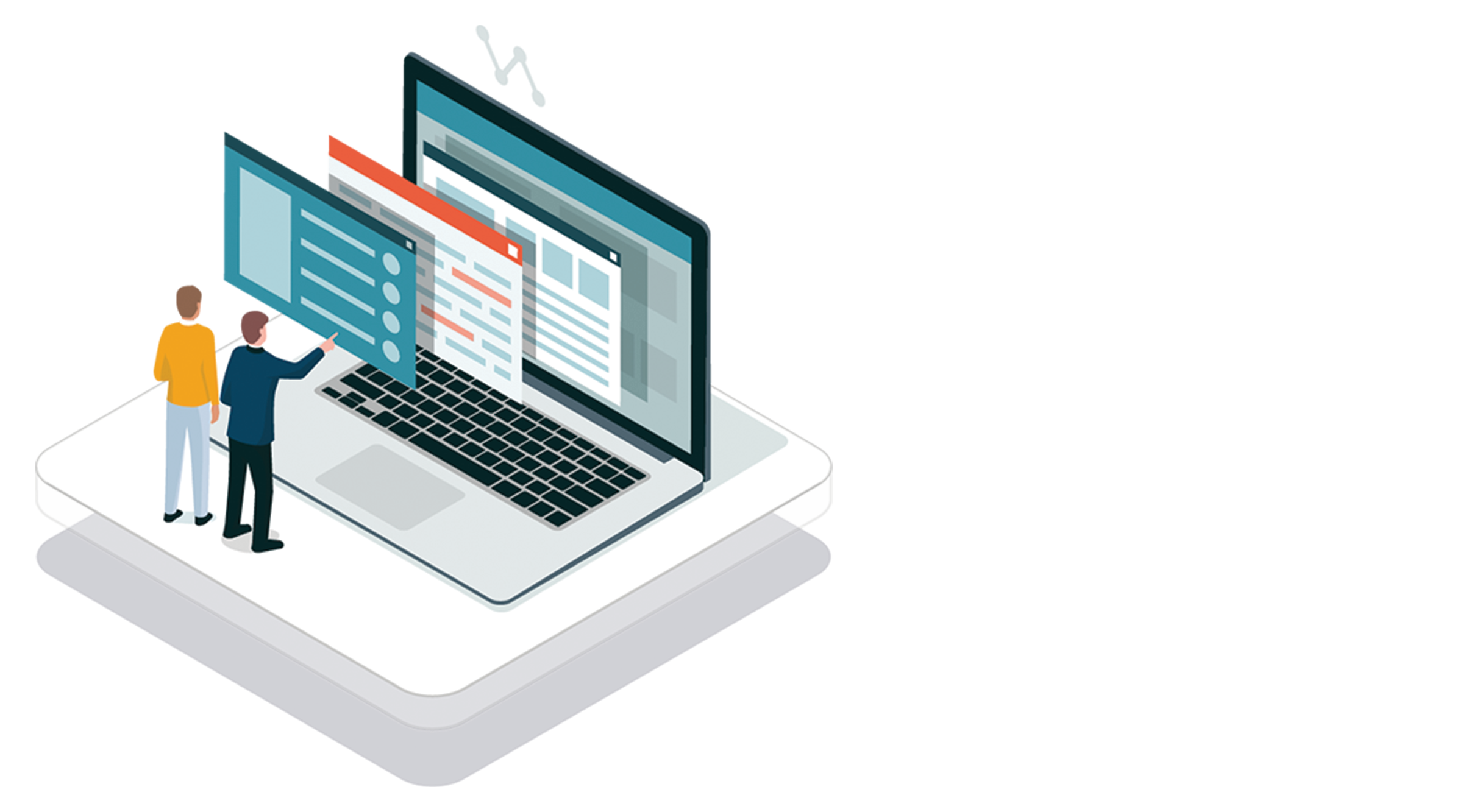 Illustration of two men looking at a laptop screen with several files displayed